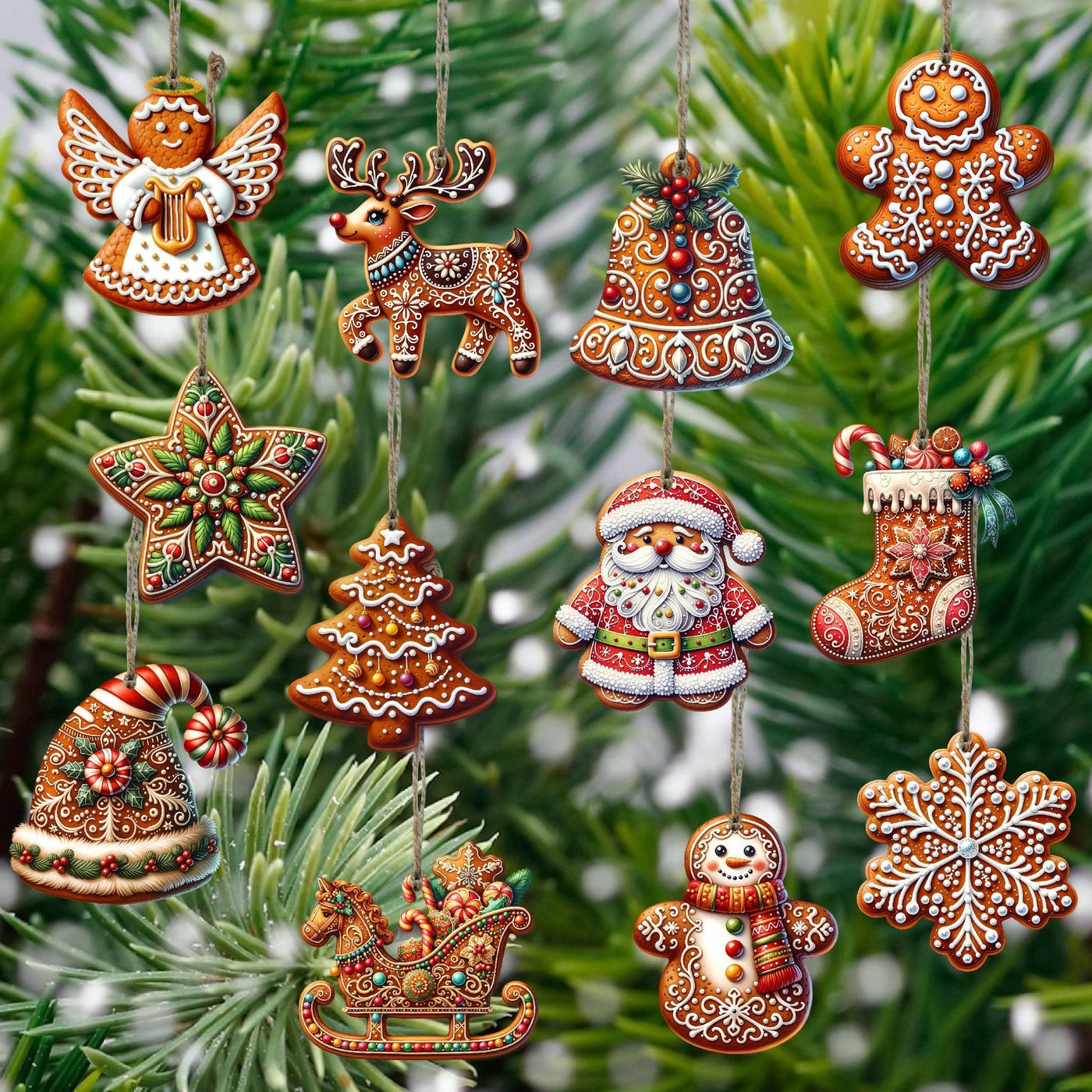 12 Pieces Handmade Wooden Christmas Ornament Set