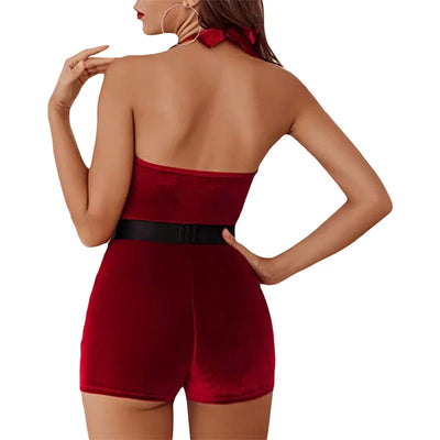 Melody - Women's sleeveless romper with fur trim and halter tie