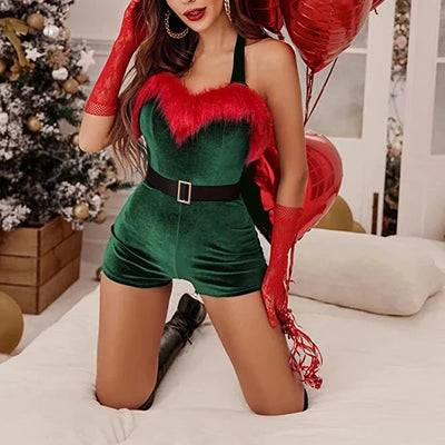 Melody - Women's sleeveless romper with fur trim and halter tie